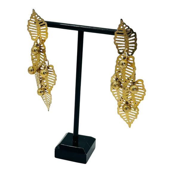Gold Tone Leaf Shape with Beads Long Dangle Statement Earrings Lightweight - Picture 2 of 3